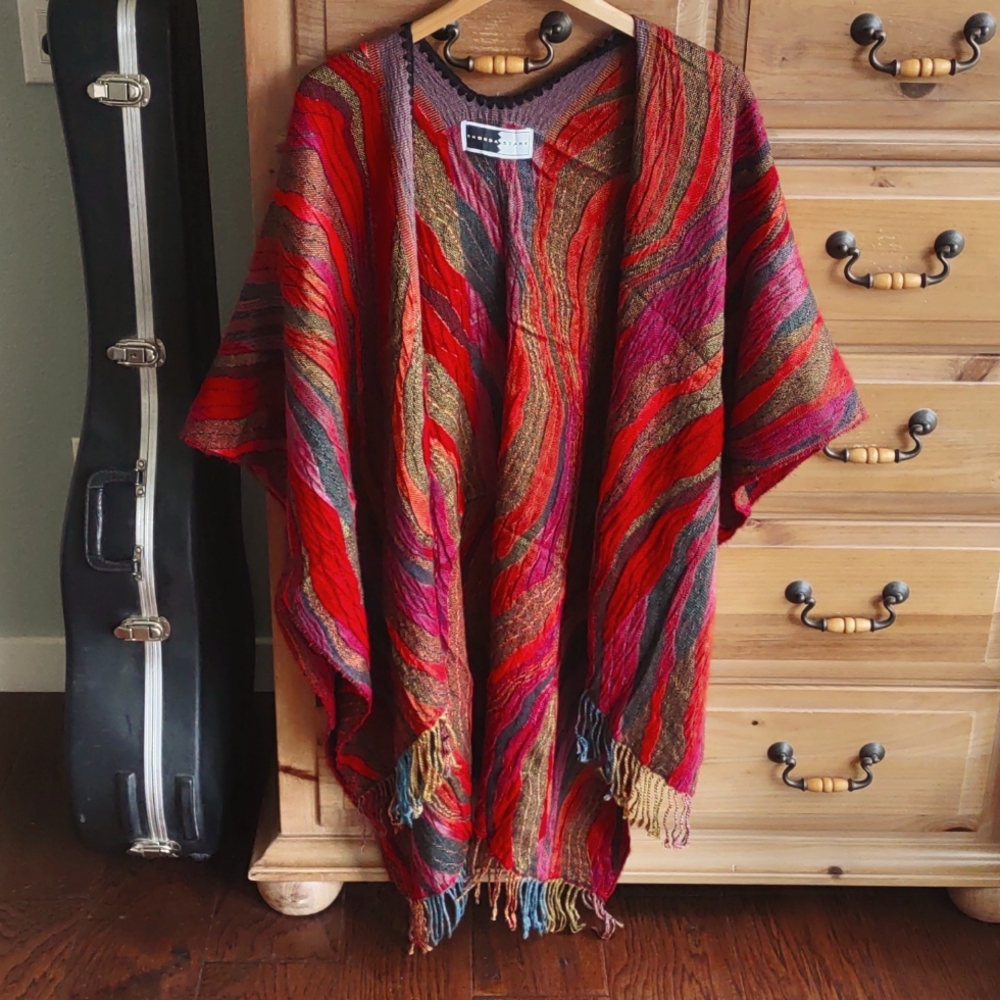 Rhonda Stark Wrap Shawl Poncho Red Orange Rust Tones One Size Fits All